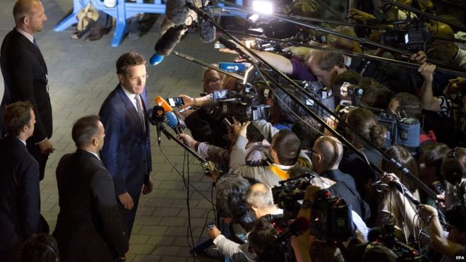 Eurogroup Jeroen Dijsselbloem speaks to reporters at end of finance ministers meeting. 12 July 2015