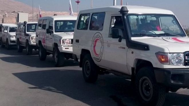 A humanitarian aid convoy of the Red Cross and Syrian Arab Red Crescent south-west of Damascus, Syria. Photo: 3 February 2016