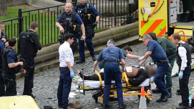 Man on a stretcher at Westminster