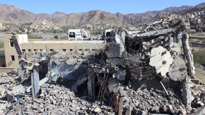 A school destroyed by a Saudi-led air strike is seen in Haidan district of Yemen"s northwestern province of Saada October 17, 2015.