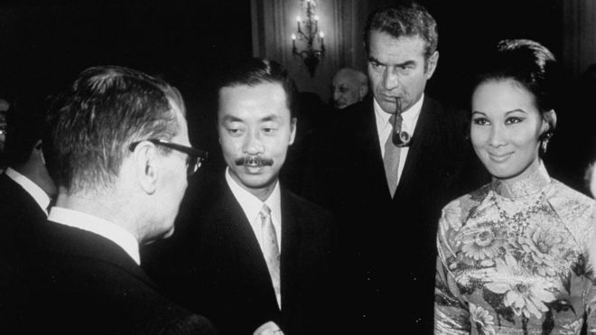 South Vietnam VP Cao Ky Nguyen (2L) and wife at reception given by South Vietnam Peace Talks Delegation.