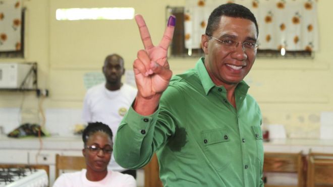 Mr Holness after casting his vote at a polling station during general election in Kingston, Jamaica February 25, 2016