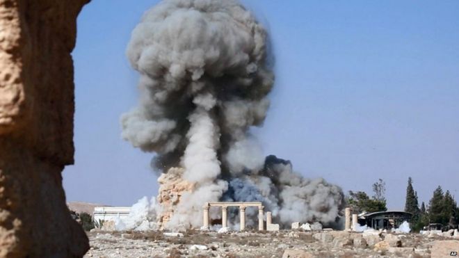 Undated image released by Islamic State purportedly shows destruction of temple