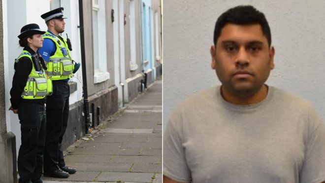 Officers outside a property in Cardiff in September, and Samata Ullah