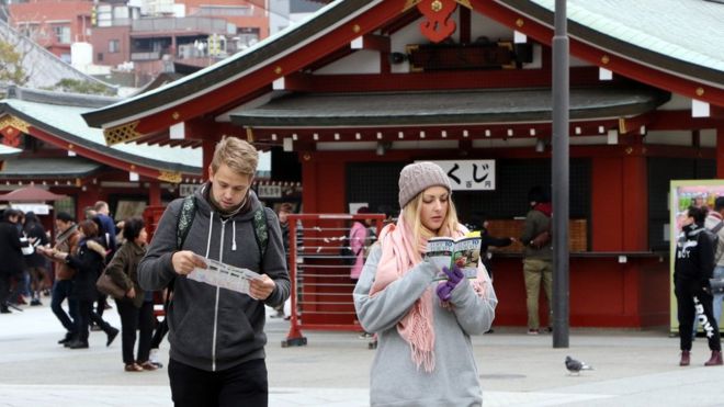 Tourists looking at a guide book in at Sensoji temple at Tokyo