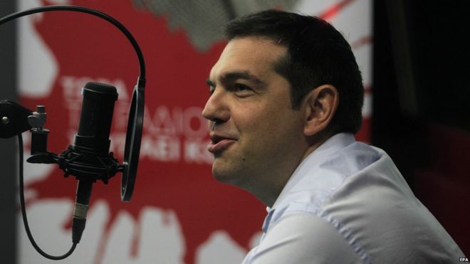 Greece's Prime Minister Alexis Tsipras speaks at a radio interview