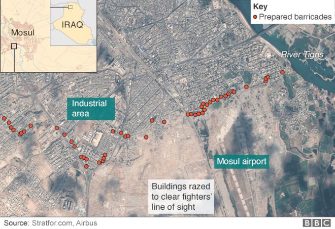 Satellite map showing barricades in Mosul city