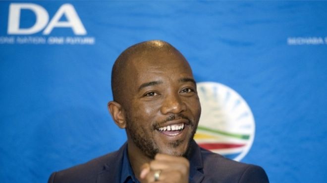 Leader of the official opposition Democratic Alliance Mmusi Maimane talks to the press at the election results center in Pretoria, South Africa, Saturday, Aug. 6, 2016