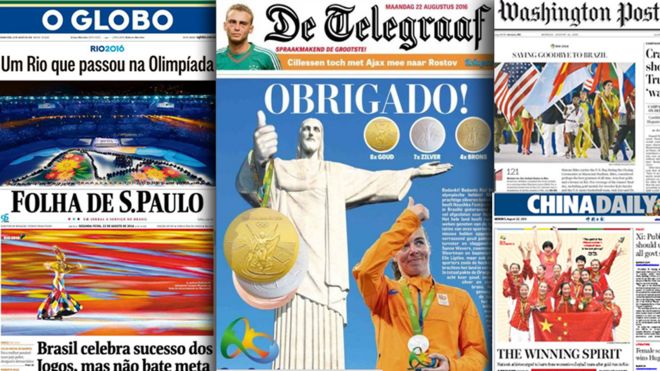 Newspaper front pages featuring Rio Olympics