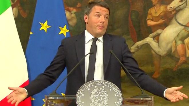 Matteo Renzi speaking at a late-night newsconference on Sunday 4 December 2016