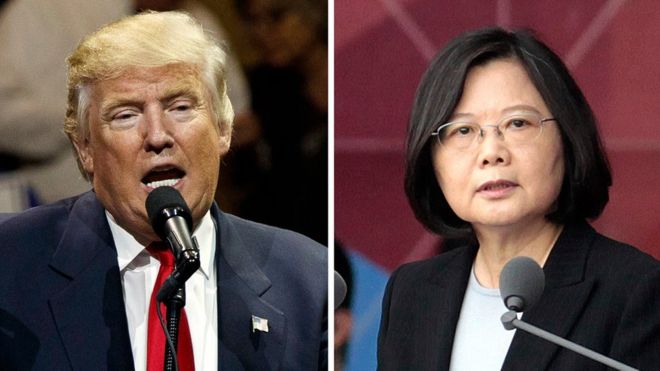 This combination of two photos shows U.S. President-elect Donald Trump, left, and Taiwan"s President Tsai Ing-wen