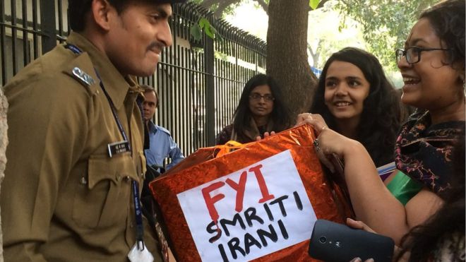 Protesters outside Smriti Irani's office