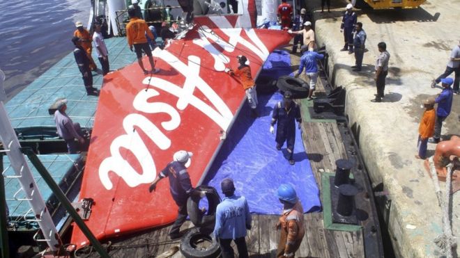 A section of AirAsia flight QZ8501's tail is loaded onto a boat for transportation to Jakarta from Kumai Port, where it had been stored since it was recovered last month, near Pangkalan Bun, Central Kalimantan 7 February 2015 in this file photo taken by Antara Foto.