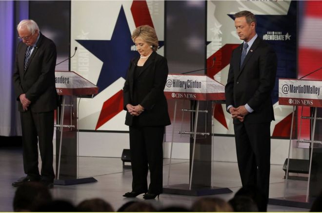 Sanders, Clinton and O'Malley hold a moment's silence for Paris