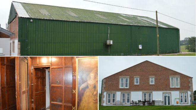 Shedley Manor (top), secret door (bottom left) and exterior