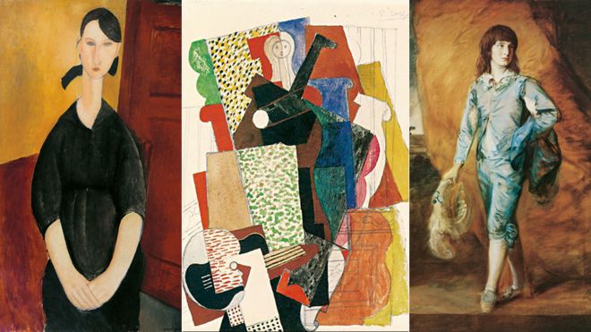Portrait of Paulette Jourdain by Amedeo Modigliani, Woman with a Guitar in an Armchair by Pablo Picasso and The Blue Page by Thomas Gainsborough