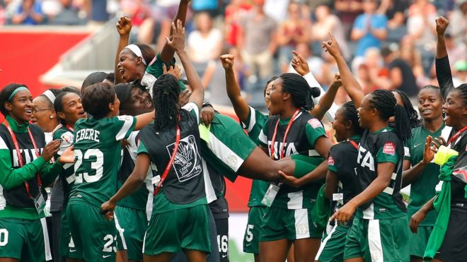 Nigerian female football players pictured at Women's World Cup in Canada in 2015
