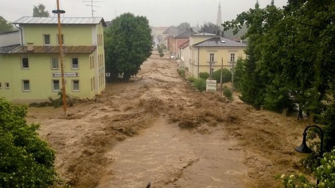 Flood waters gushing through Triftern, Germany, 1 June 2016