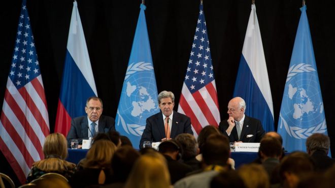 Russian Foreign Minister Sergei Lavrov US Secretary of State John Kerry and the UN's Staffan de Mistura after the International Syria Support Group meeting in Munich
