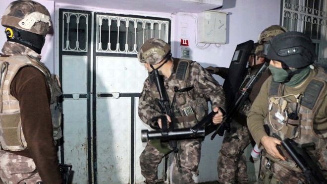 Police break down door in Adiyaman, south-eastern Turkey