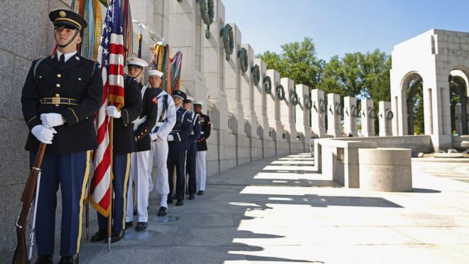 An honour guard prepares to participate in the 70th anniversary D-Day commemoration at the WWII Memorial in Washington