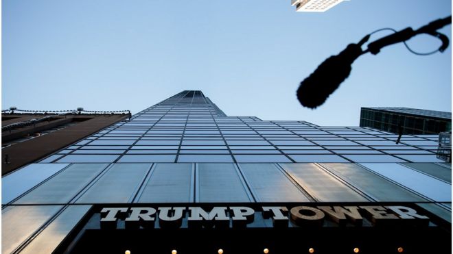 A boom microphone hangs overhead during a protest against Republican presidential candidate Donald Trump for his treatment of women, in front of Trump Tower on October 17, 2016 in New York City