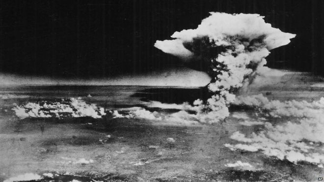 The plume of smoke from a mushroom cloud billow, about one hour after the nuclear bomb was detonated above Hiroshima, Japan