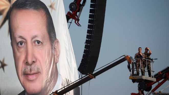 A giant portrait of Turkish President Recep Tayyip Erdogan at a rally in Istanbul, 7 August