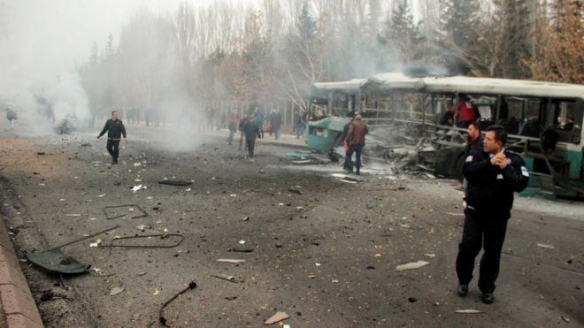 eople react after a bus was hit by an explosion in Kayseri, Turkey, December 17, 2016