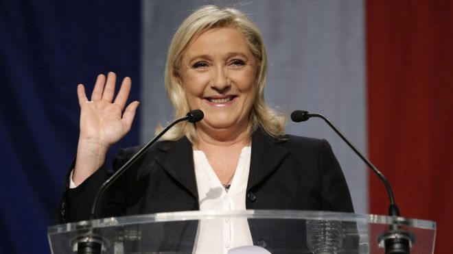 Marine Le Pen, leader of the French National Front, waves to supporters. 6 Dec 2015