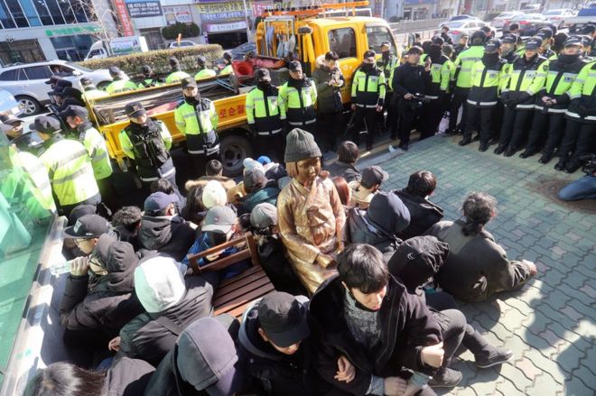In this 28 December 2016, photo, members of civic groups sit around a comfort-woman statue after they set up in front of the Japanese consulate as police officers surround them in Busan, South Korea.