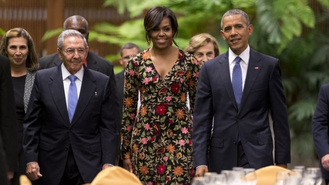 Michelle Obama, Barack Obama and Raul Castro