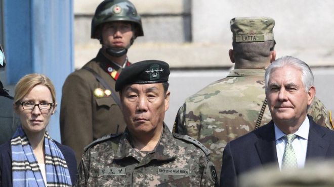 美国国务卿蒂勒森在韩国访问过三八线非军事区