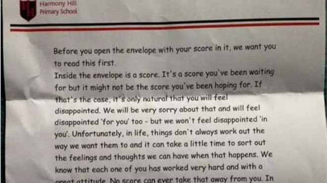 The poignant note encouraged pupils not to feel disheartened if they did not get the news they were hoping for