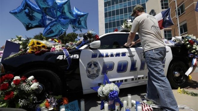 A makeshift memorial at the Dallas police headquarters.