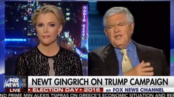 A still from The Kelly Files showing Fox News' Megyn Kelly interviewing Newt Gingrich