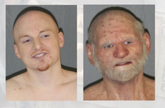 composite image of Shaun Miller how he really looks versus disguised as an old man with a beard and white eyebrows, age spots and a prosthetic nose