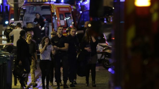 People being moved to safety from Bataclan concert hall in Paris