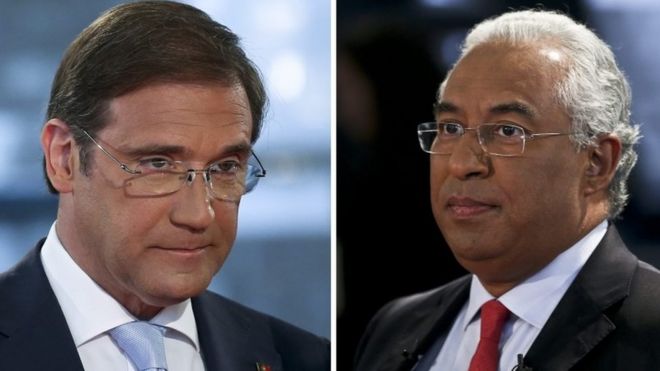 Portuguese Prime Minister Pedro Passos Coelho (L) and Socialist leader Antonio Costa (R)