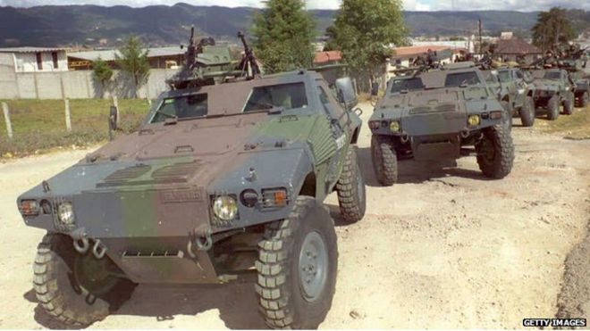 Mexican Army vehicles patrol the outskirts of San Cristobal de las Casas on 19 December 1994