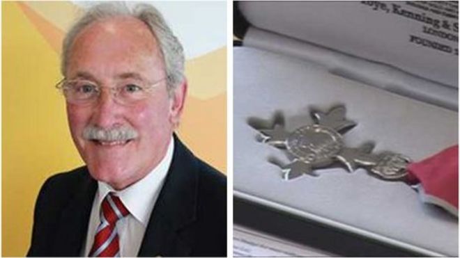 Image caption <b>Terry Wilkins</b> and an MBE he has never been awarded - _74419904_wilkinsmedal