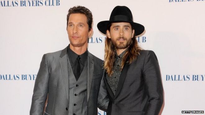 Actors Matthew McConaughey and Jared Leto attend the "Dallas Buyers Club" UK premiere at the Curzon Mayfair on 29 January 2014 in London, England