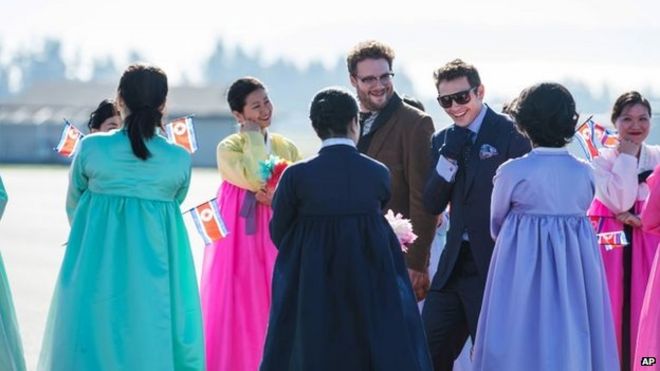 Still from The Interview showing Seth Rogen and James Franco in character arriving in Pyongyang - Columbia Pictures/Sony