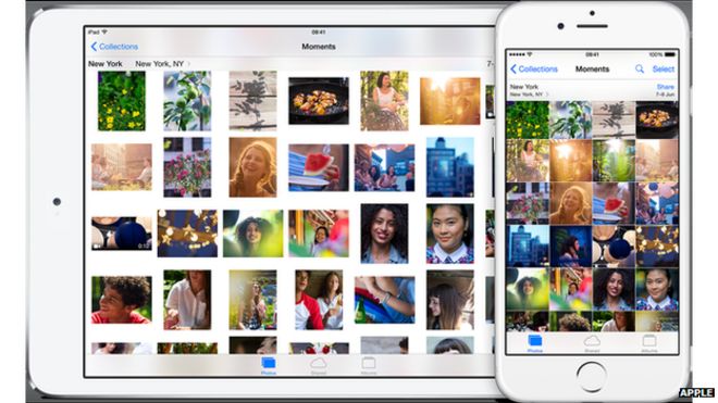 The same set of photos is shown on an iPad and an iPhone