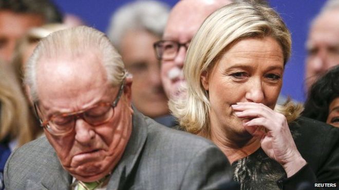 Marine Le Pen (R) and Jean-Marie Le Pen attend their party congress in Lyon on 30 November 2014