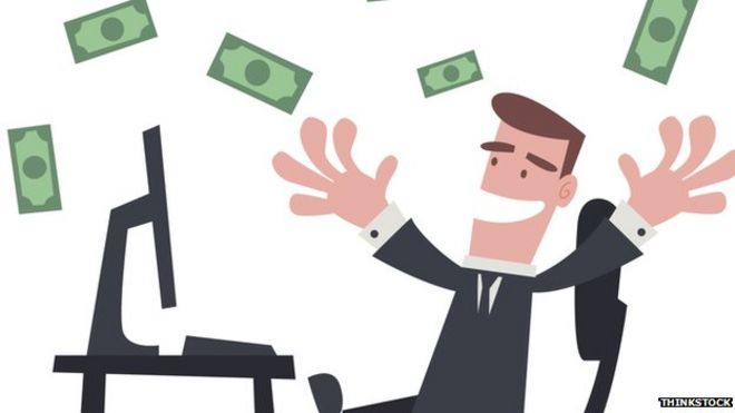 overjoyed cartoon man sits at desk facing his computer which throws out dollar bills at him