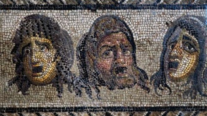 Tragic masks, detail from a mosaic of the Triumph of Dionysus uncovered in Daphne, Antioch, Turkey. Roman Civilisation, 2nd to 3rd century.