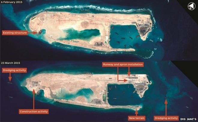 Satellite images of Fiery Cross Reef (CNES 2015, Distribution Airbus DS / Spot Image / IHS)