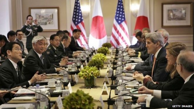 Japanese Foreign Minister Fumio Kishida, left, and Defense Minister Gen Nakatani, second from left, attend a meeting with United States Secretary of State John Kerry, third from right, and Secretary of Defense Ashton Carter, not visible April 27, 2015 in New York City