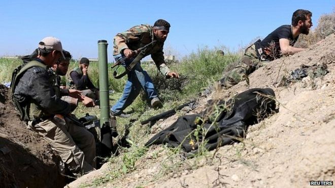 Syria rebel fighters in the area of Medaa town in the Eastern Ghouta of Damascus. 4 May 2015